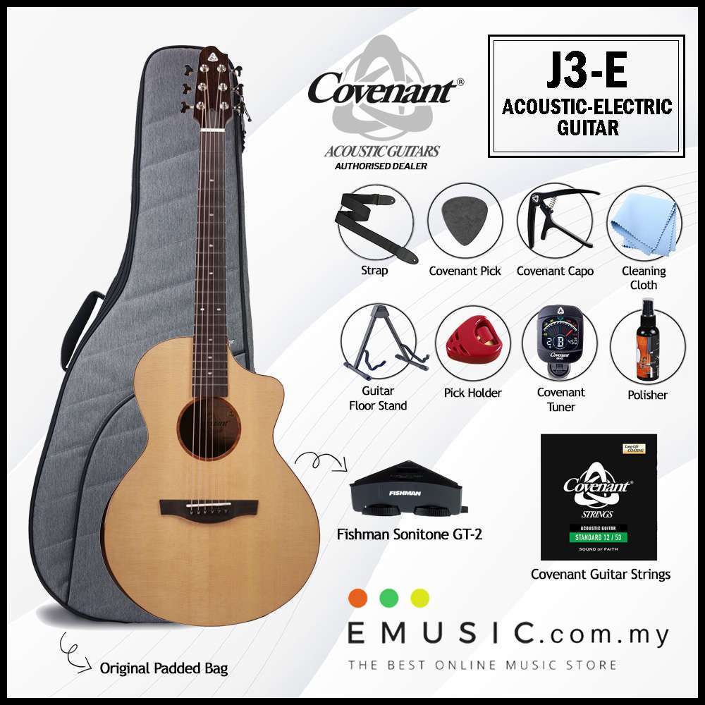 Covenant J3-E Solid-Top Acoustic-Electric Guitar with Gigbag and Free Accessories