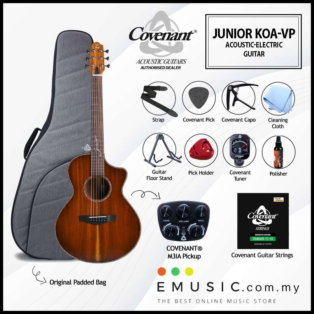 Covenant JUNIOR KOA VP Solid Top Acoustic-Electric Guitar with Gigbag and Free Accessories