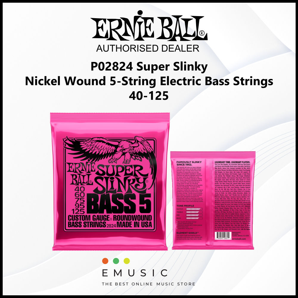 Ernie Ball P02824 40-125 Super Slinky Nickel Wound 5-String Electric Bass Guitar Strings