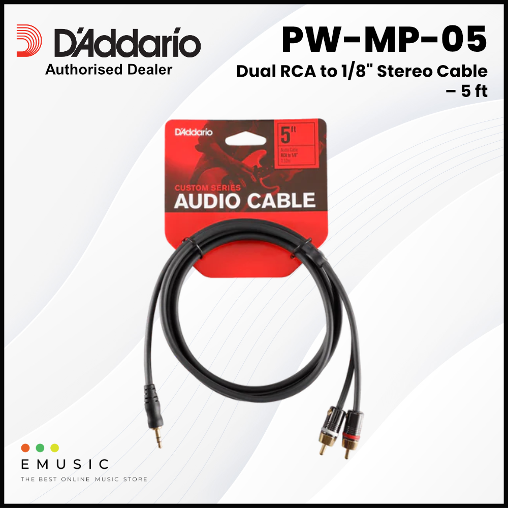 D'Addario PW-MP-05 Custom Series Audio Cable, Dual RCA to Male 1/8 Stereo