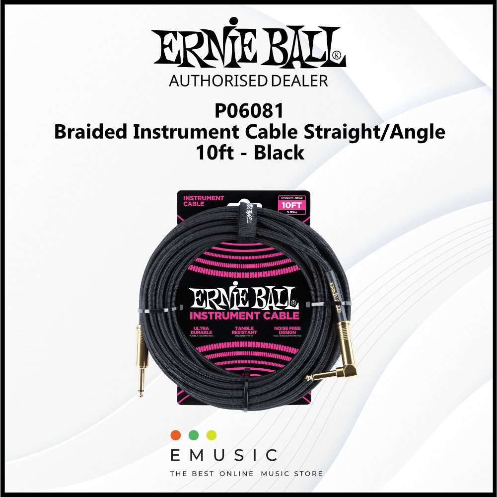 Ernie Ball P06081 Braided Instrument Cable Straight/Angle 10ft - Black w/Gold Connectors