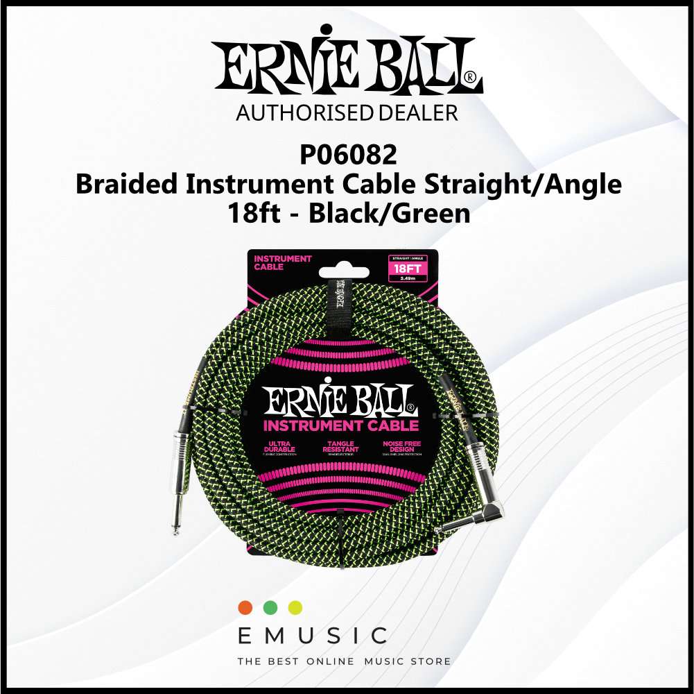 Ernie Ball P06082 Braided Instrument Cable Straight/Angle 18ft - Black/Green