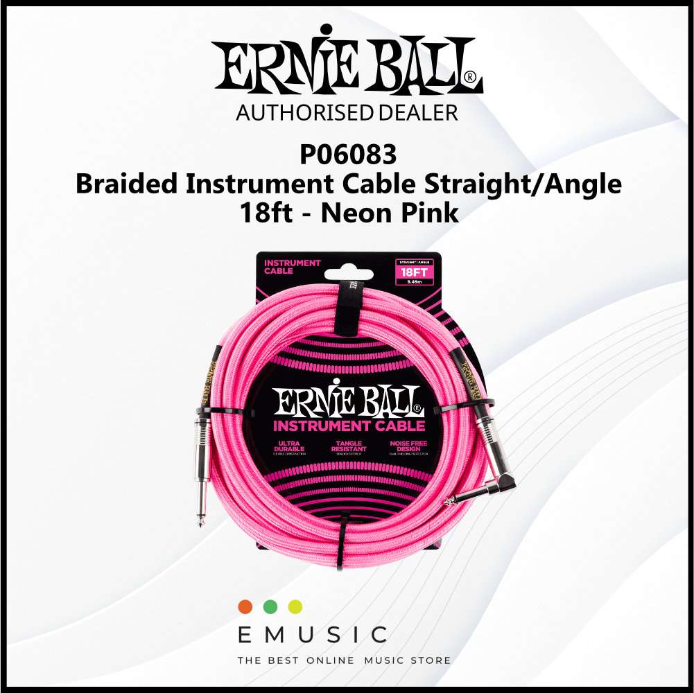 Ernie Ball P06083 Braided Instrument Cable Straight/Angle 18ft - Neon Pink