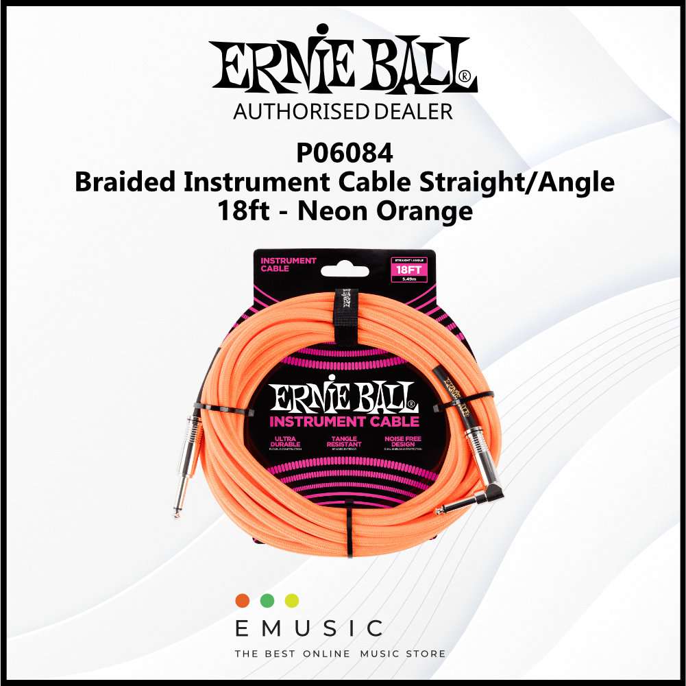 Ernie Ball P06084 Braided Instrument Cable Straight/Angle 18ft - Neon Orange