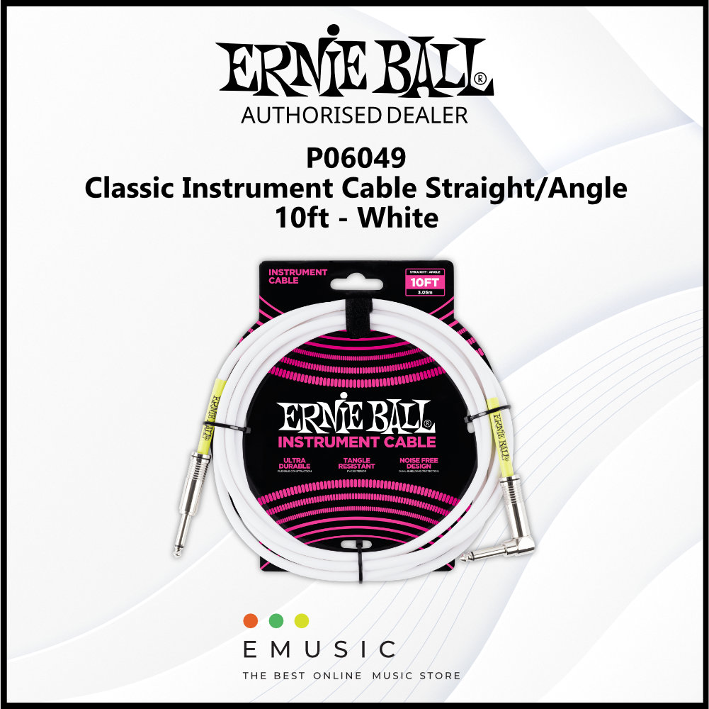 Ernie Ball P06049 Classic Instrument Cable Straight/Angle 10ft - White