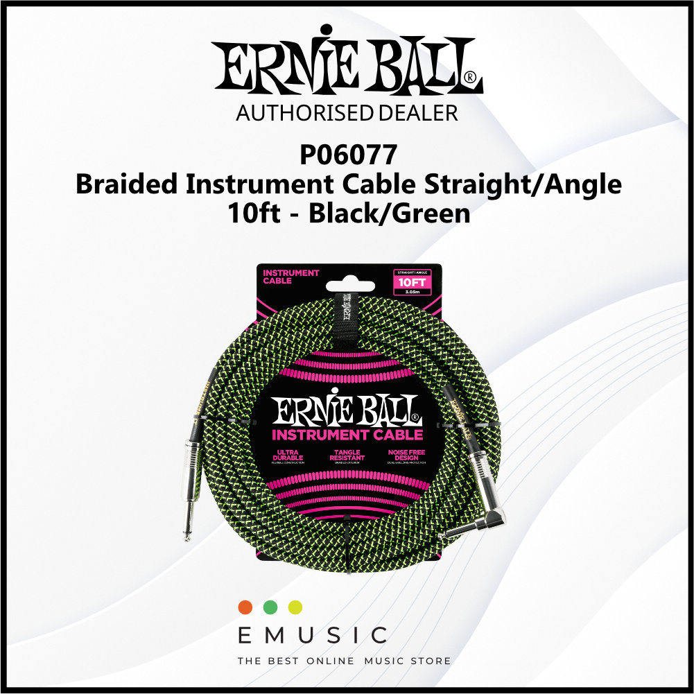 Ernie Ball P06077 Braided Instrument Cable Straight/Angle 10ft - Black/Green