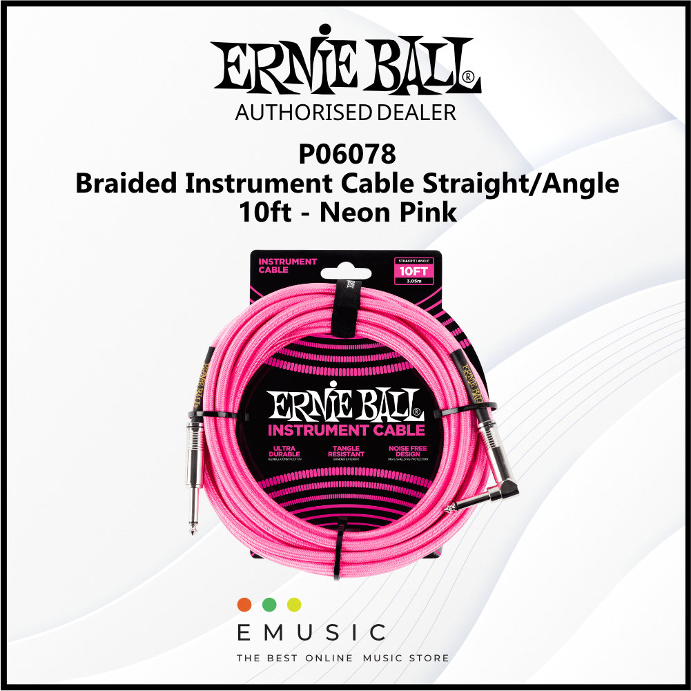 Ernie Ball P06078 Braided Instrument Cable Straight/Angle 10ft - Neon Pink