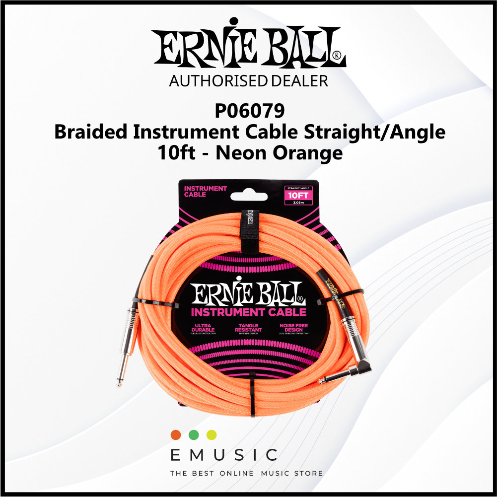 Ernie Ball P06079 Braided Instrument Cable Straight/Angle 10ft - Neon Orange