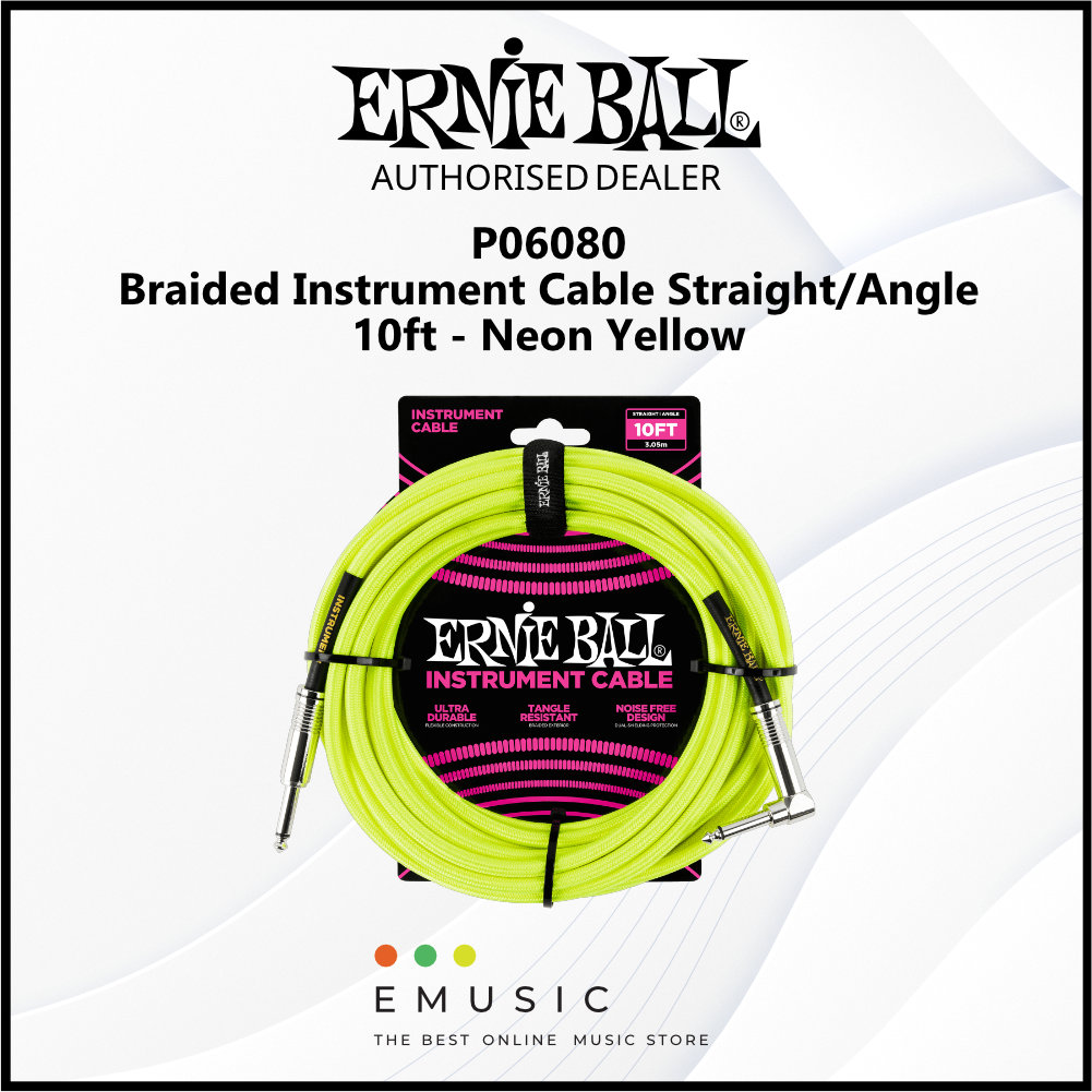 Ernie Ball P06080 Braided Instrument Cable Straight/Angle 10ft - Neon Yellow