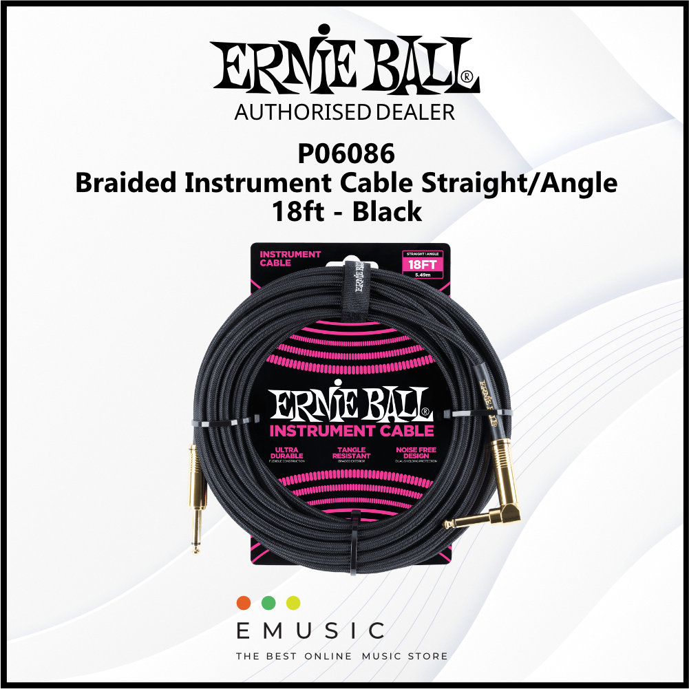 Ernie Ball P06086 Braided Instrument Cable Straight/Angle 18ft - Black