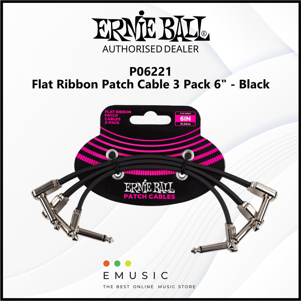 Ernie Ball P06221 Flat Ribbon Patch Cable 6" - Black (3 Pack)
