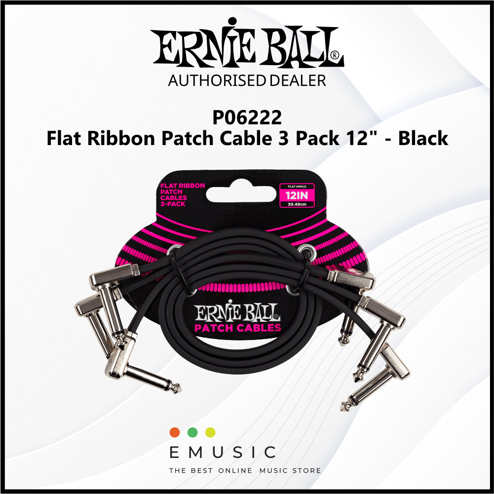 Ernie Ball P06222 Flat Ribbon Patch Cable 12" - Black (3 Pack)