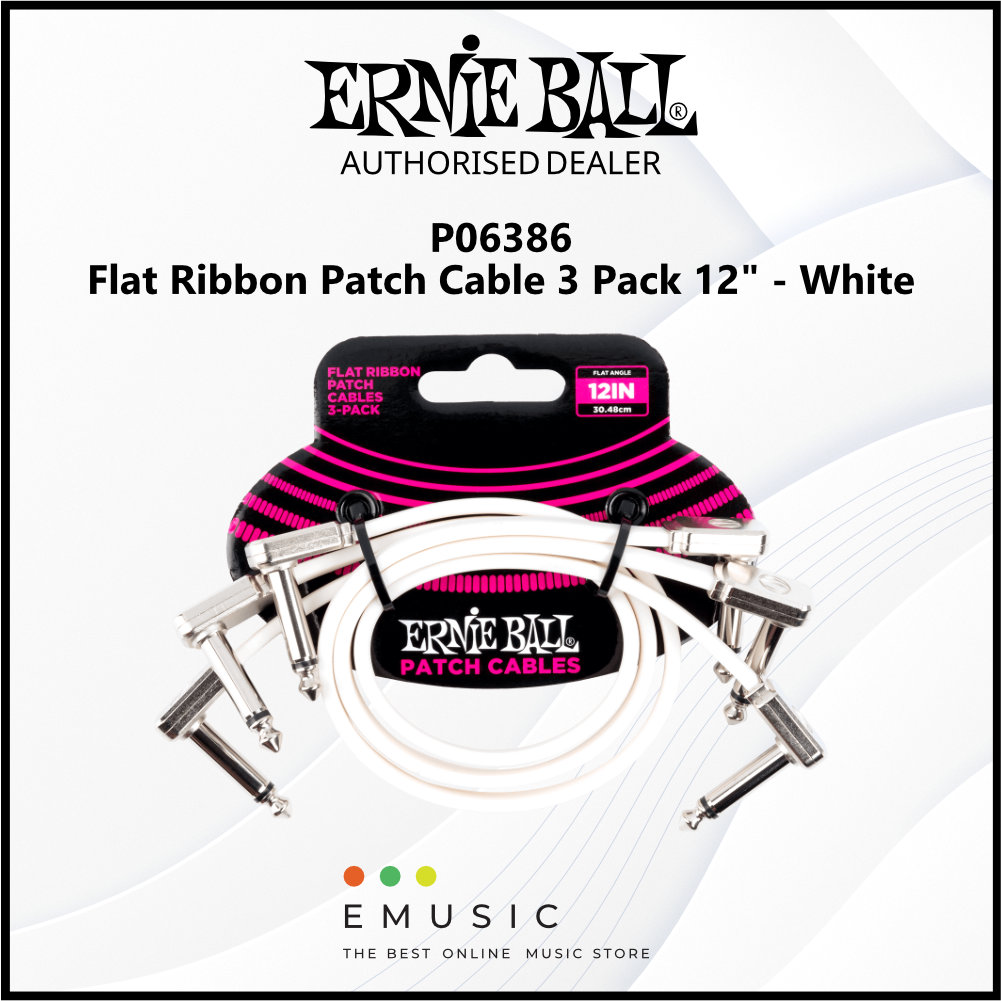 Ernie Ball P06386 Flat Ribbon Patch Cable 12" - White (3 Pack)