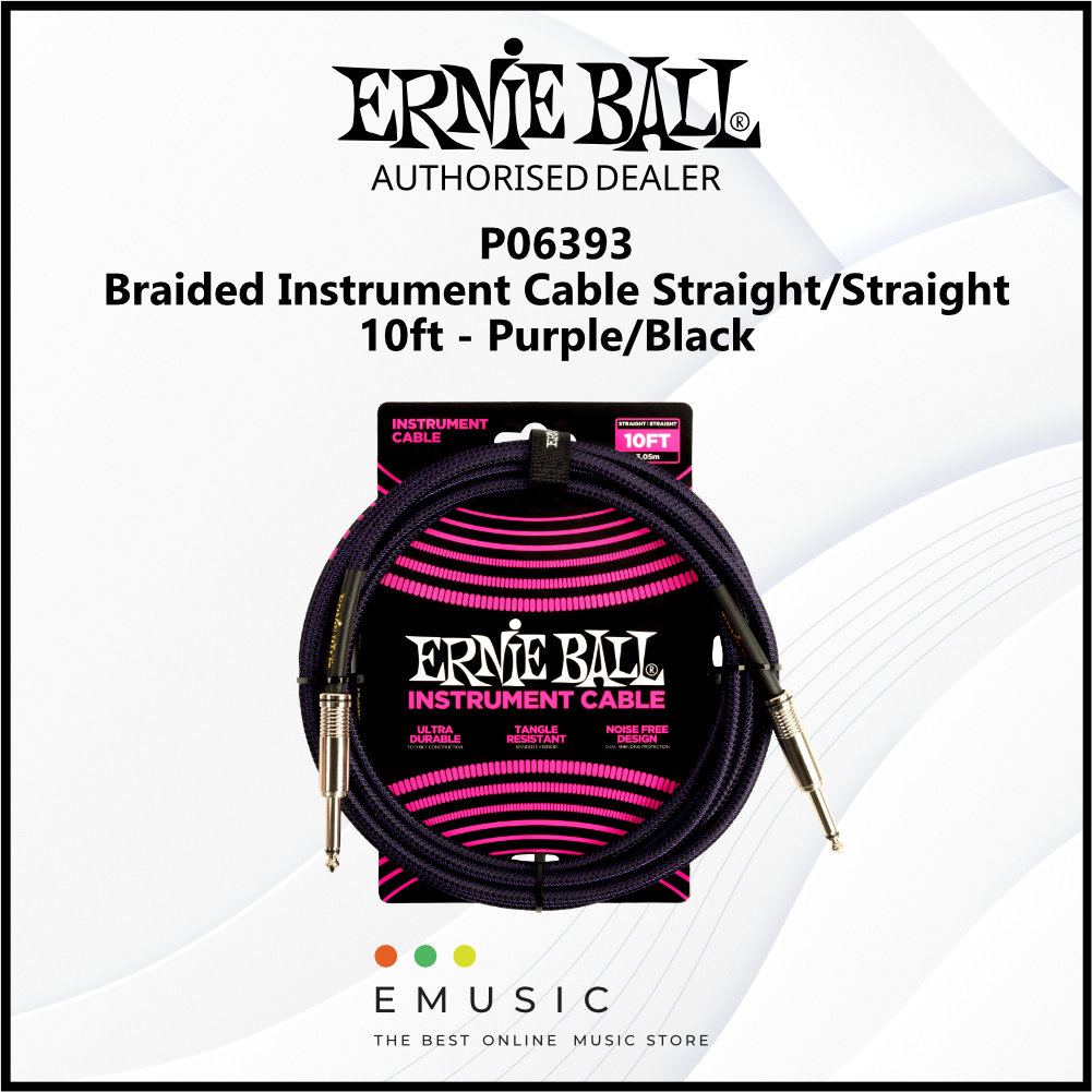 Ernie Ball P06393 Braided Instrument Cable Straight/Straight 10ft - Purple/Black