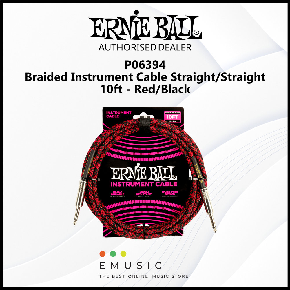 Ernie Ball P06394 Braided Instrument Cable Straight/Straight 10ft - Red/Black