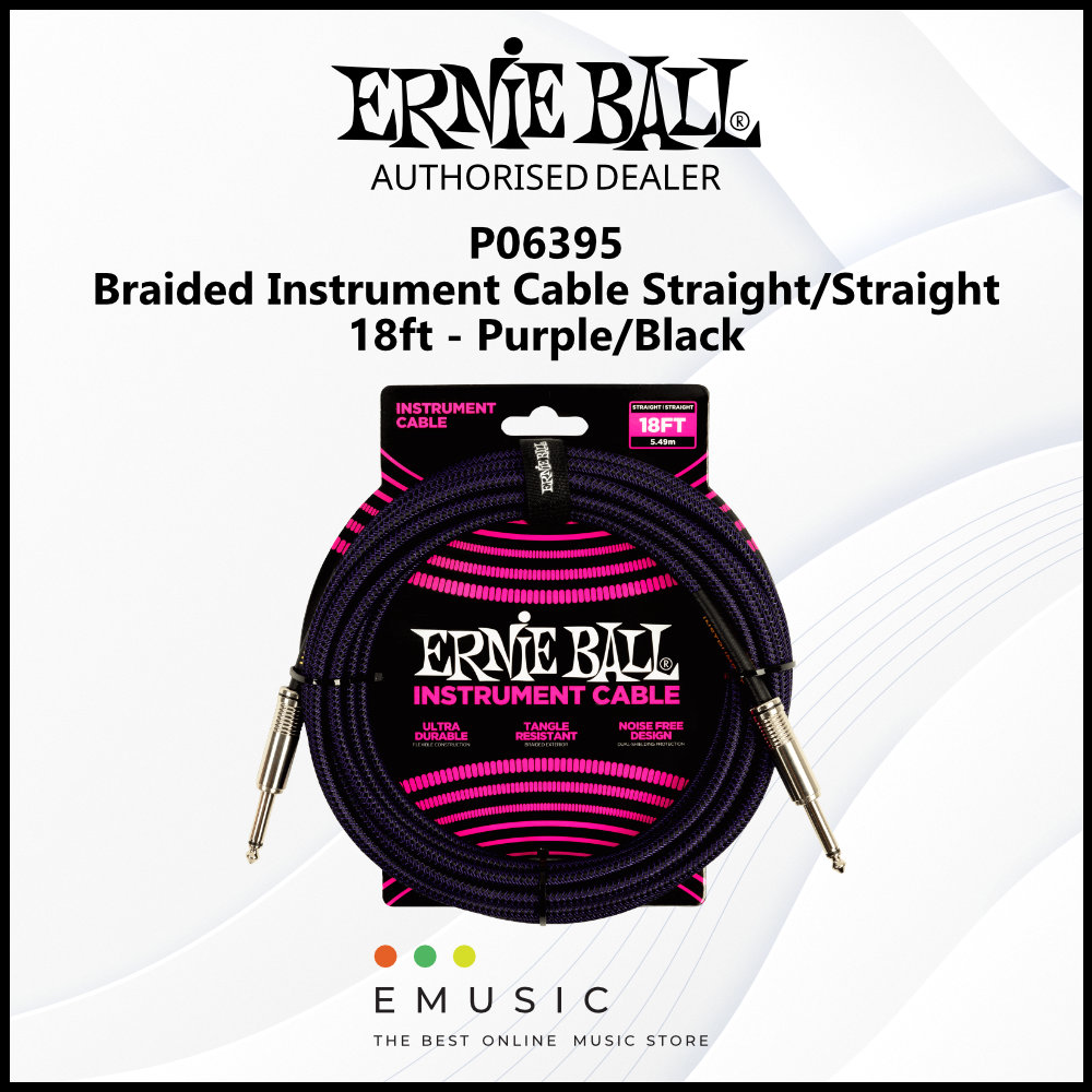 Ernie Ball P06395 Braided Instrument Cable Straight/Straight 18ft - Purple/Black