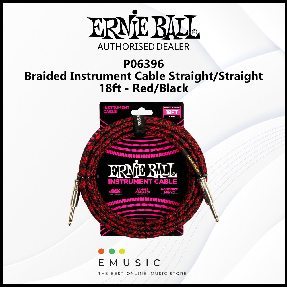 Ernie Ball P06396 Braided Instrument Cable Straight/Straight 18ft - Red/Black