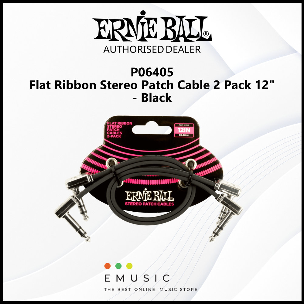 Ernie Ball P06405 Flat Ribbon Stereo Patch Cable 12" - Black (2 Pack)