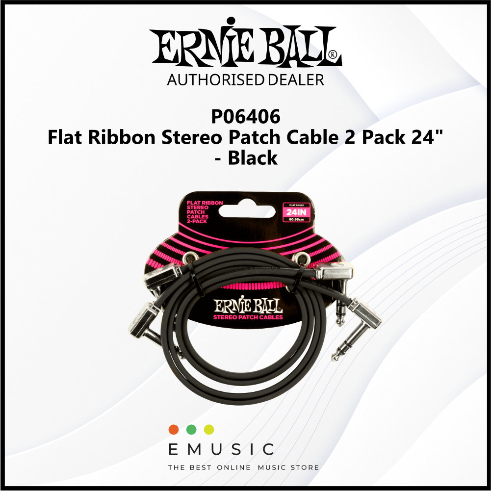 Ernie Ball P06406 Flat Ribbon Stereo Patch Cable 24" - Black (2 Pack)