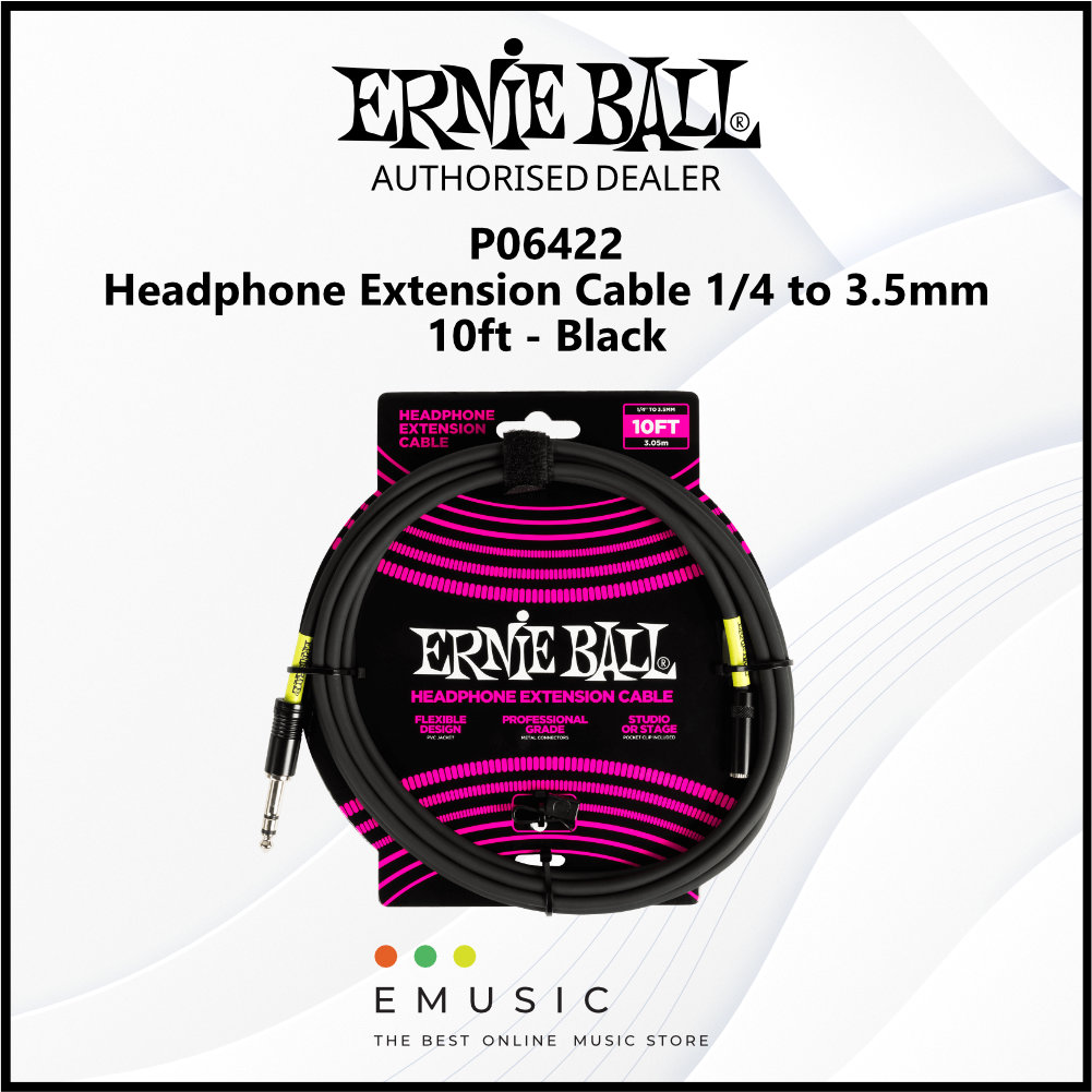 Ernie Ball P06422 Headphone Extension Cable 1/4 to 3.5mm 10ft - Black