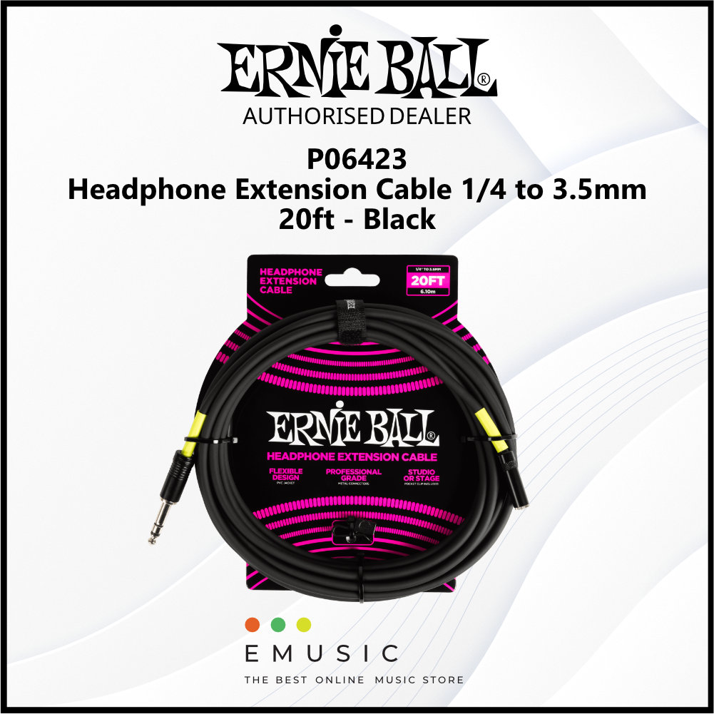 Ernie Ball P06423 Headphone Extension Cable 1/4 to 3.5mm 20ft - Black