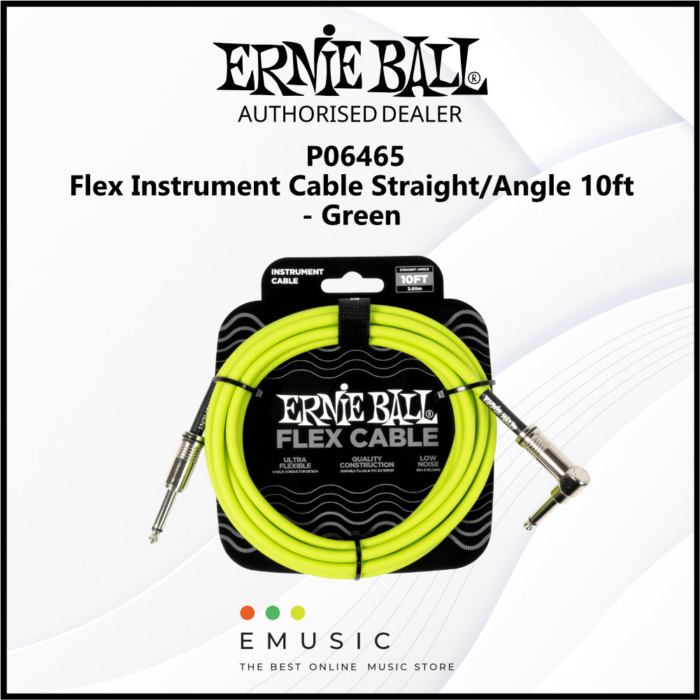 Ernie Ball P06465 Flex Instrument Cable Straight/Angle 10ft - Green
