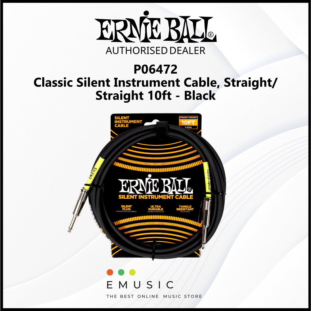 Ernie Ball P06472 Classic Silent Instrument Cable, Straight/Straight 10ft - Black