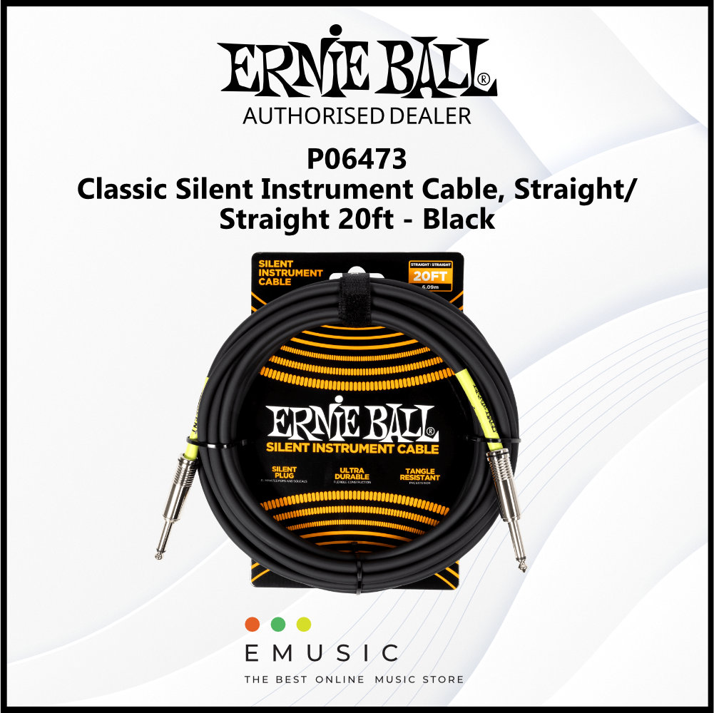 Ernie Ball P06473 Classic Silent Instrument Cable, Straight/Straight 20ft - Black